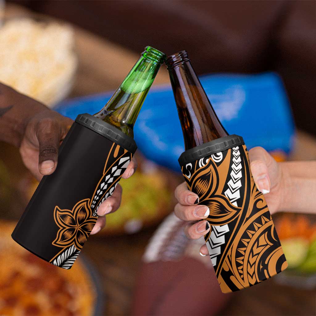 Polynesian Plumeria Floral Tattoo Pattern 4 in 1 Can Cooler Tumbler Gold Style