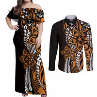 Polynesian Plumeria Floral Tattoo Pattern Couples Matching Off Shoulder Maxi Dress and Long Sleeve Button Shirt Gold Style
