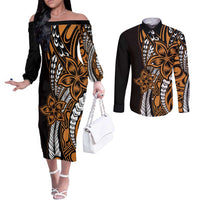 Polynesian Plumeria Floral Tattoo Pattern Couples Matching Off The Shoulder Long Sleeve Dress and Long Sleeve Button Shirt Gold Style