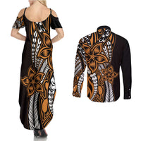 Polynesian Plumeria Floral Tattoo Pattern Couples Matching Summer Maxi Dress and Long Sleeve Button Shirt Gold Style