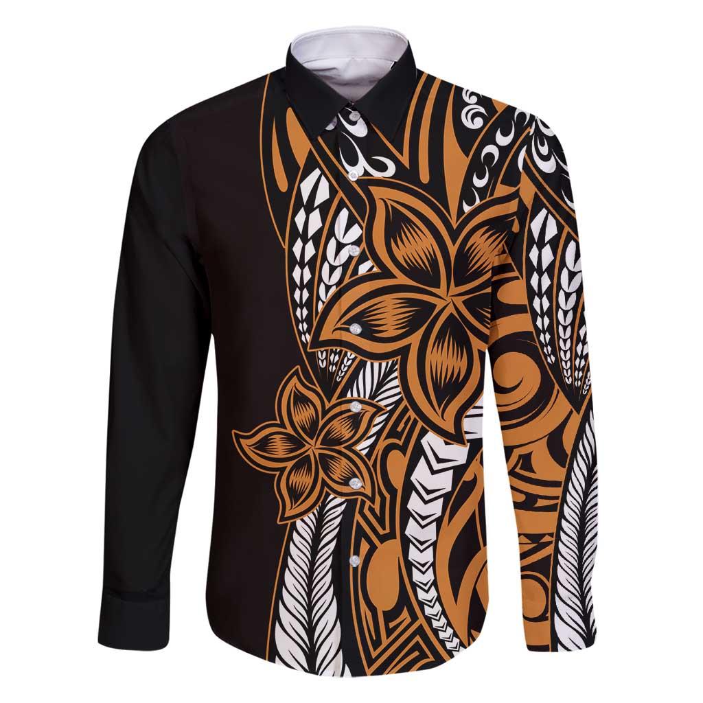 Polynesian Plumeria Floral Tattoo Pattern Family Matching Mermaid Dress and Hawaiian Shirt Gold Style LT9 Dad's Shirt - Long Sleeve Gold - Polynesian Pride