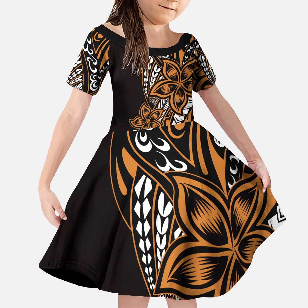 Polynesian Plumeria Floral Tattoo Pattern Family Matching Off Shoulder Maxi Dress and Hawaiian Shirt Gold Style