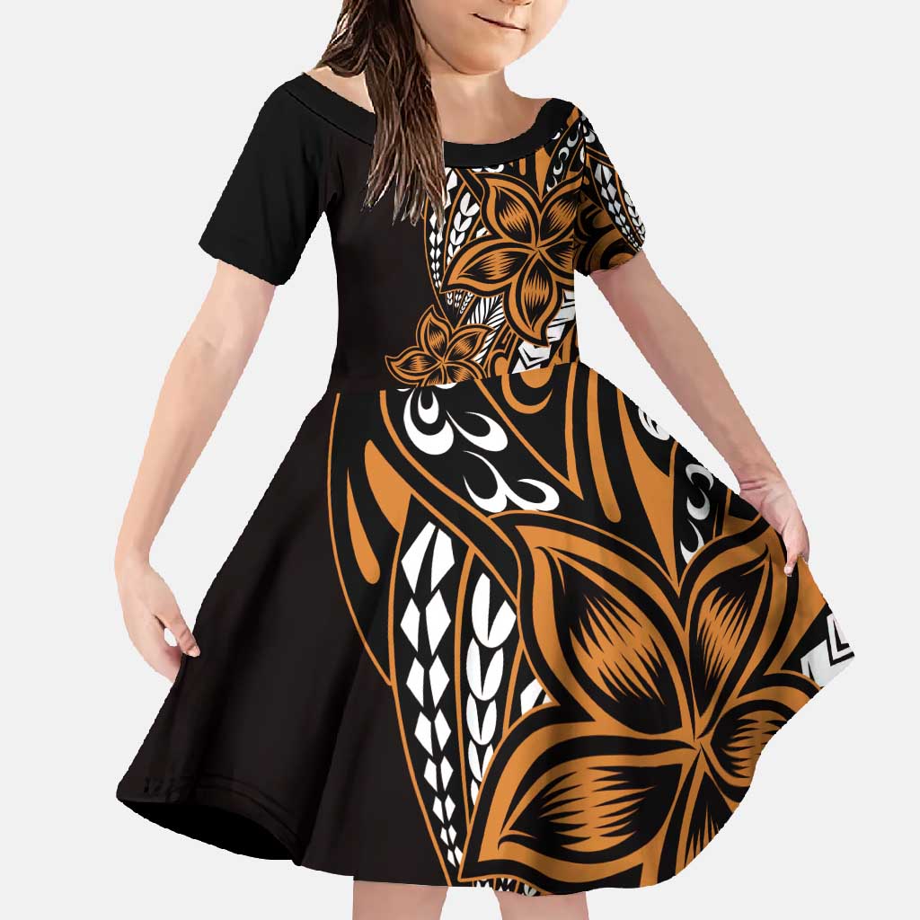 Polynesian Plumeria Floral Tattoo Pattern Family Matching Short Sleeve Bodycon Dress and Hawaiian Shirt Gold Style