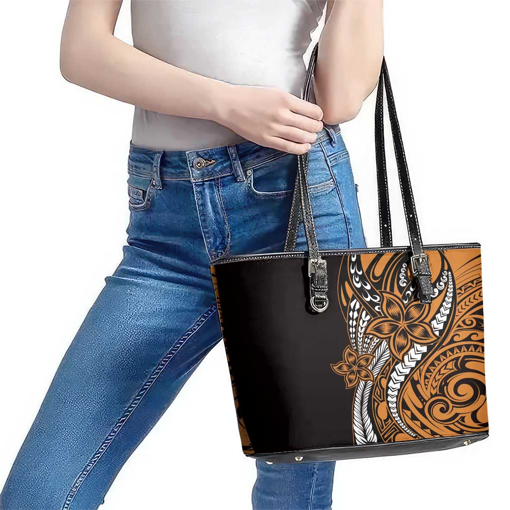 Polynesian Plumeria Floral Tattoo Pattern Leather Tote Bag Gold Style