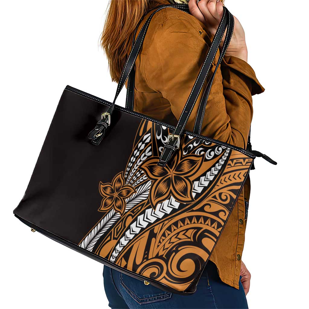 Polynesian Plumeria Floral Tattoo Pattern Leather Tote Bag Gold Style
