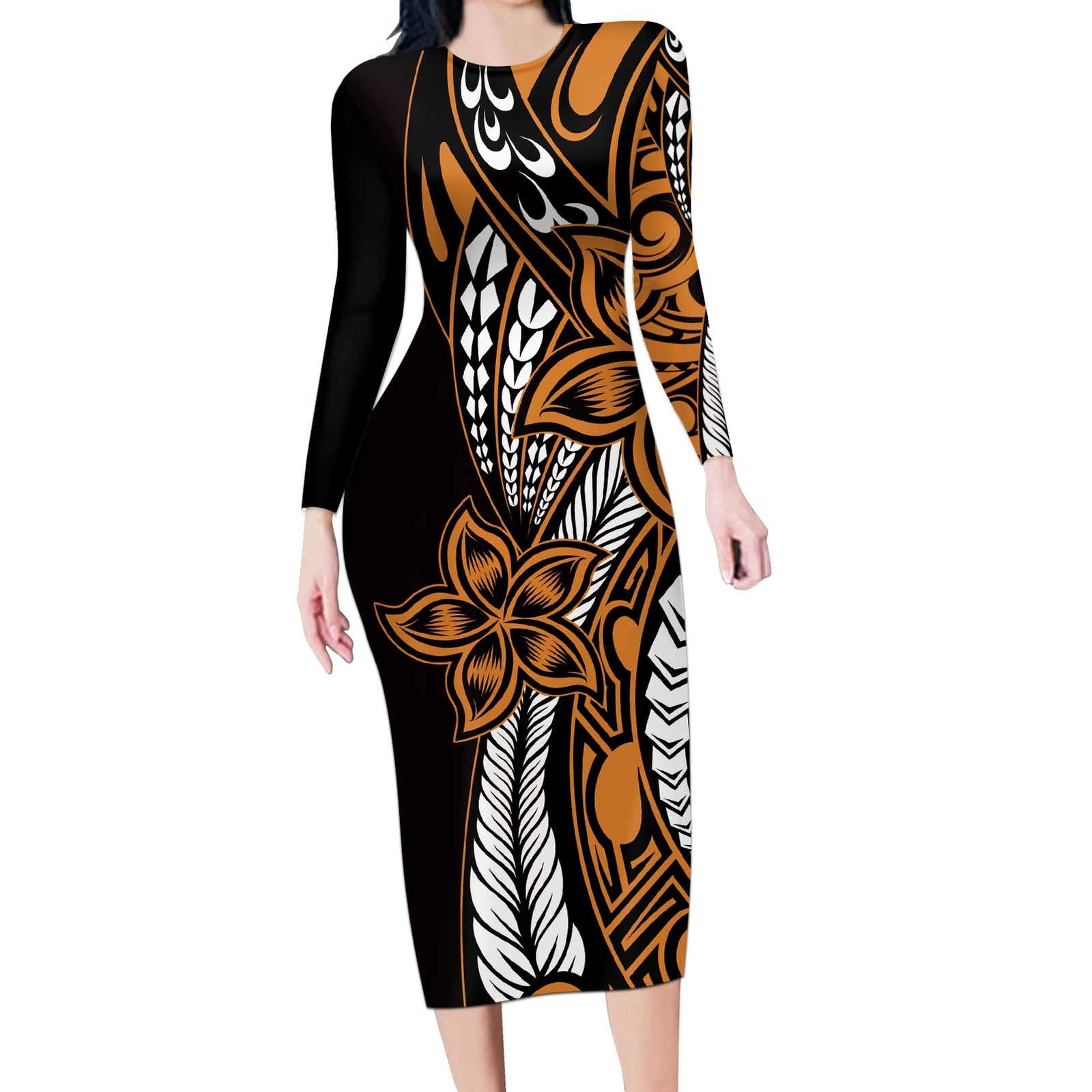 Polynesian Plumeria Floral Tattoo Pattern Long Sleeve Bodycon Dress Gold Style LT9 Long Dress Gold - Polynesian Pride