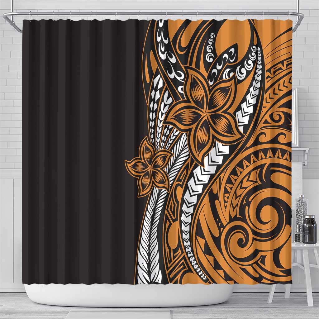Polynesian Plumeria Floral Tattoo Pattern Shower Curtain Gold Style