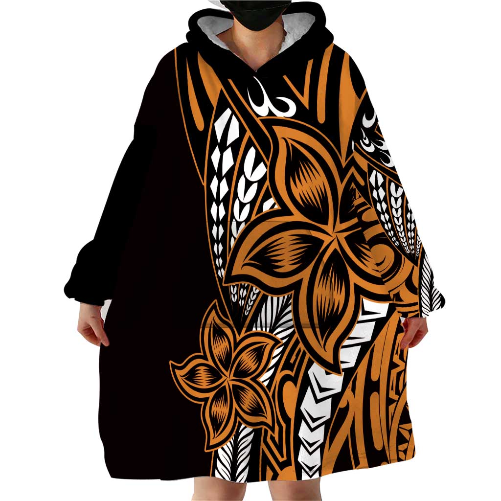 Polynesian Plumeria Floral Tattoo Pattern Wearable Blanket Hoodie Gold Style