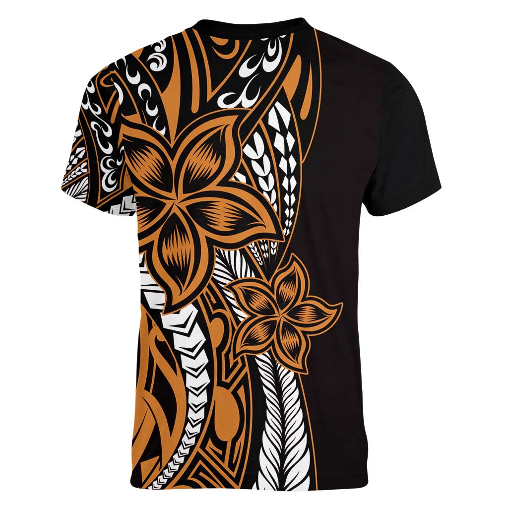 Polynesian Plumeria Floral Tattoo Pattern Women V-Neck T-Shirt Gold Style