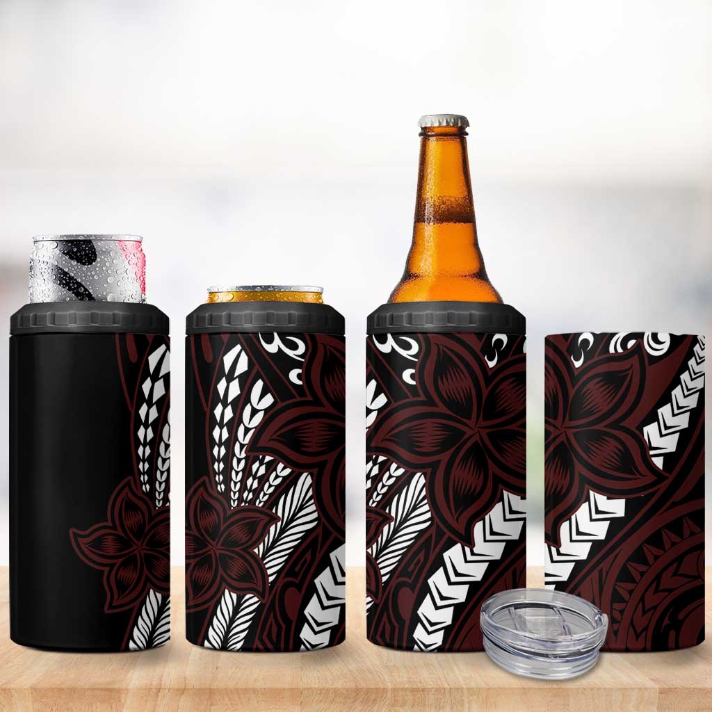 Polynesian Plumeria Floral Tattoo Pattern 4 in 1 Can Cooler Tumbler Oxblood Style