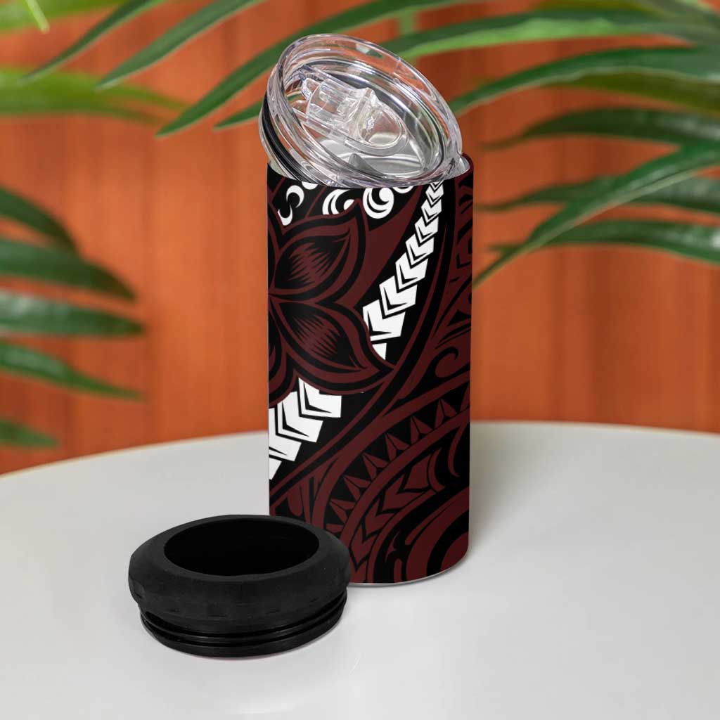 Polynesian Plumeria Floral Tattoo Pattern 4 in 1 Can Cooler Tumbler Oxblood Style