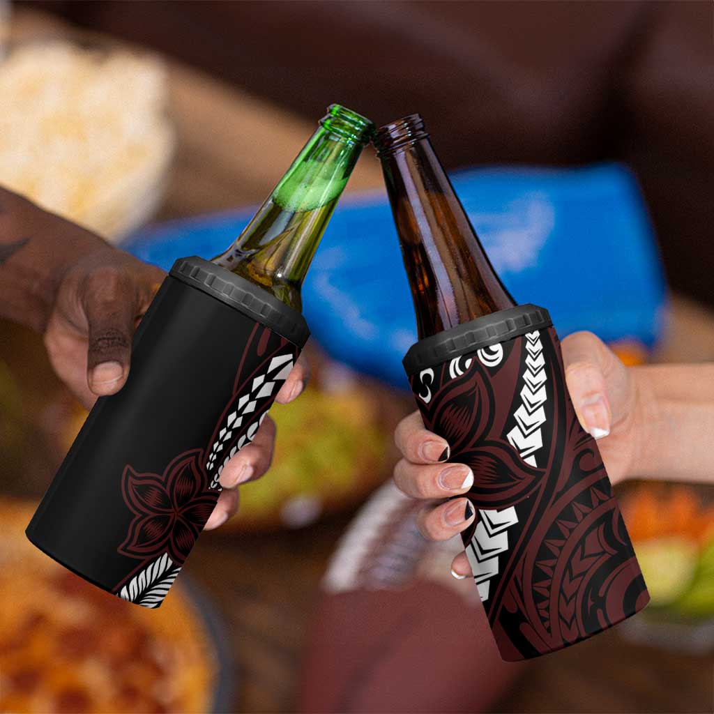 Polynesian Plumeria Floral Tattoo Pattern 4 in 1 Can Cooler Tumbler Oxblood Style