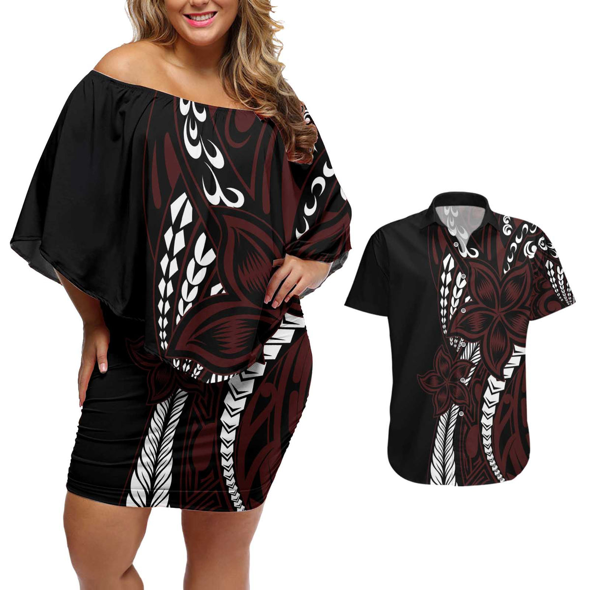 Polynesian Plumeria Floral Tattoo Pattern Couples Matching Off Shoulder Short Dress and Hawaiian Shirt Oxblood Style
