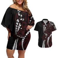 Polynesian Plumeria Floral Tattoo Pattern Couples Matching Off Shoulder Short Dress and Hawaiian Shirt Oxblood Style