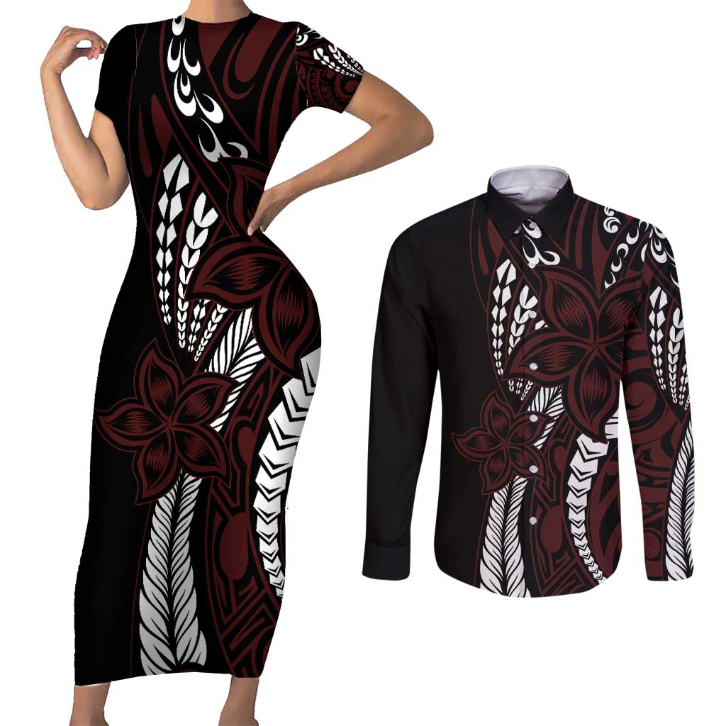 Polynesian Plumeria Floral Tattoo Pattern Couples Matching Short Sleeve Bodycon Dress and Long Sleeve Button Shirt Oxblood Style