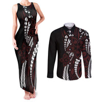 Polynesian Plumeria Floral Tattoo Pattern Couples Matching Tank Maxi Dress and Long Sleeve Button Shirt Oxblood Style