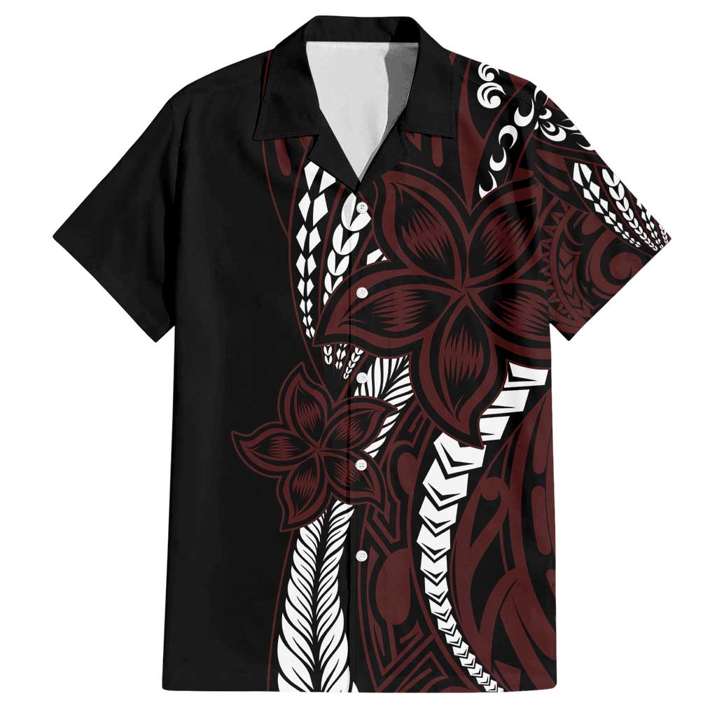 Polynesian Plumeria Floral Tattoo Pattern Family Matching Long Sleeve Bodycon Dress and Hawaiian Shirt Oxblood Style