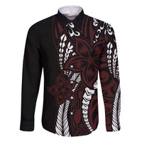 Polynesian Plumeria Floral Tattoo Pattern Family Matching Long Sleeve Bodycon Dress and Hawaiian Shirt Oxblood Style