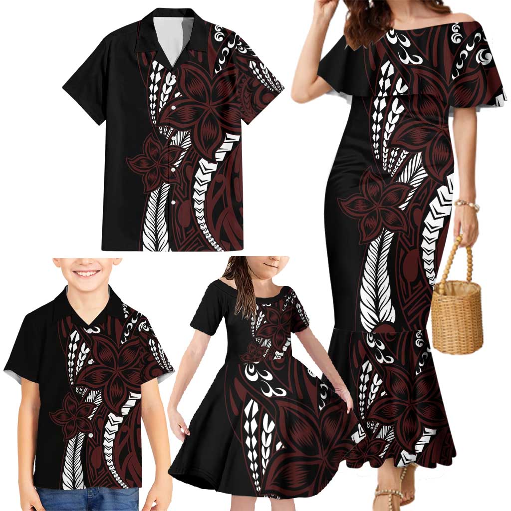 Polynesian Plumeria Floral Tattoo Pattern Family Matching Mermaid Dress and Hawaiian Shirt Oxblood Style