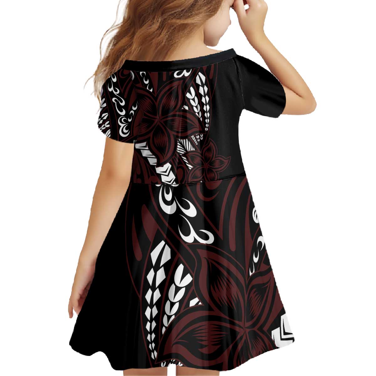 Polynesian Plumeria Floral Tattoo Pattern Family Matching Off The Shoulder Long Sleeve Dress and Hawaiian Shirt Oxblood Style