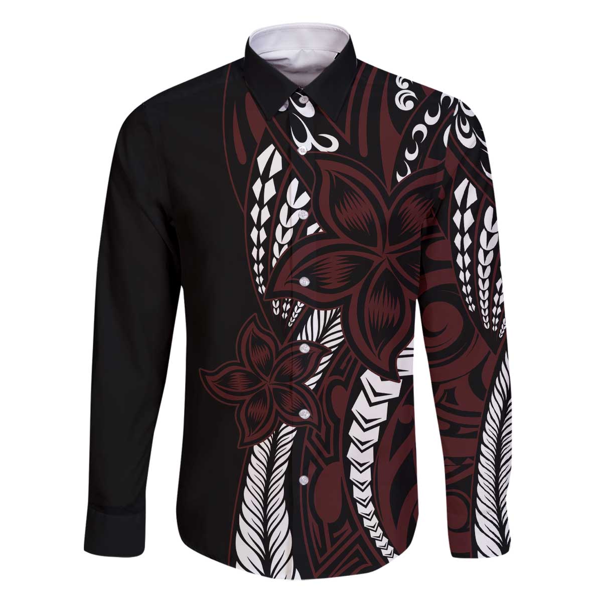 Polynesian Plumeria Floral Tattoo Pattern Family Matching Off Shoulder Short Dress and Hawaiian Shirt Oxblood Style