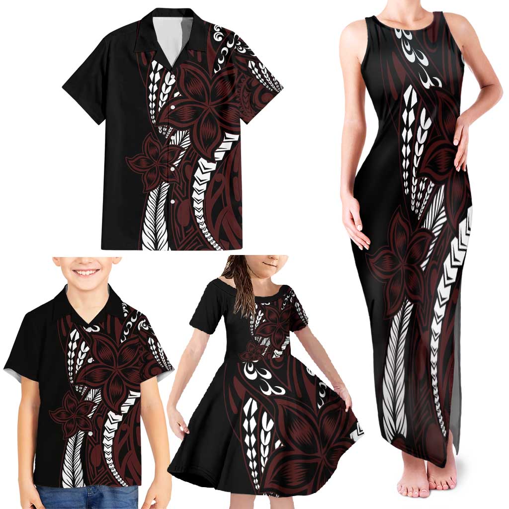Polynesian Plumeria Floral Tattoo Pattern Family Matching Tank Maxi Dress and Hawaiian Shirt Oxblood Style