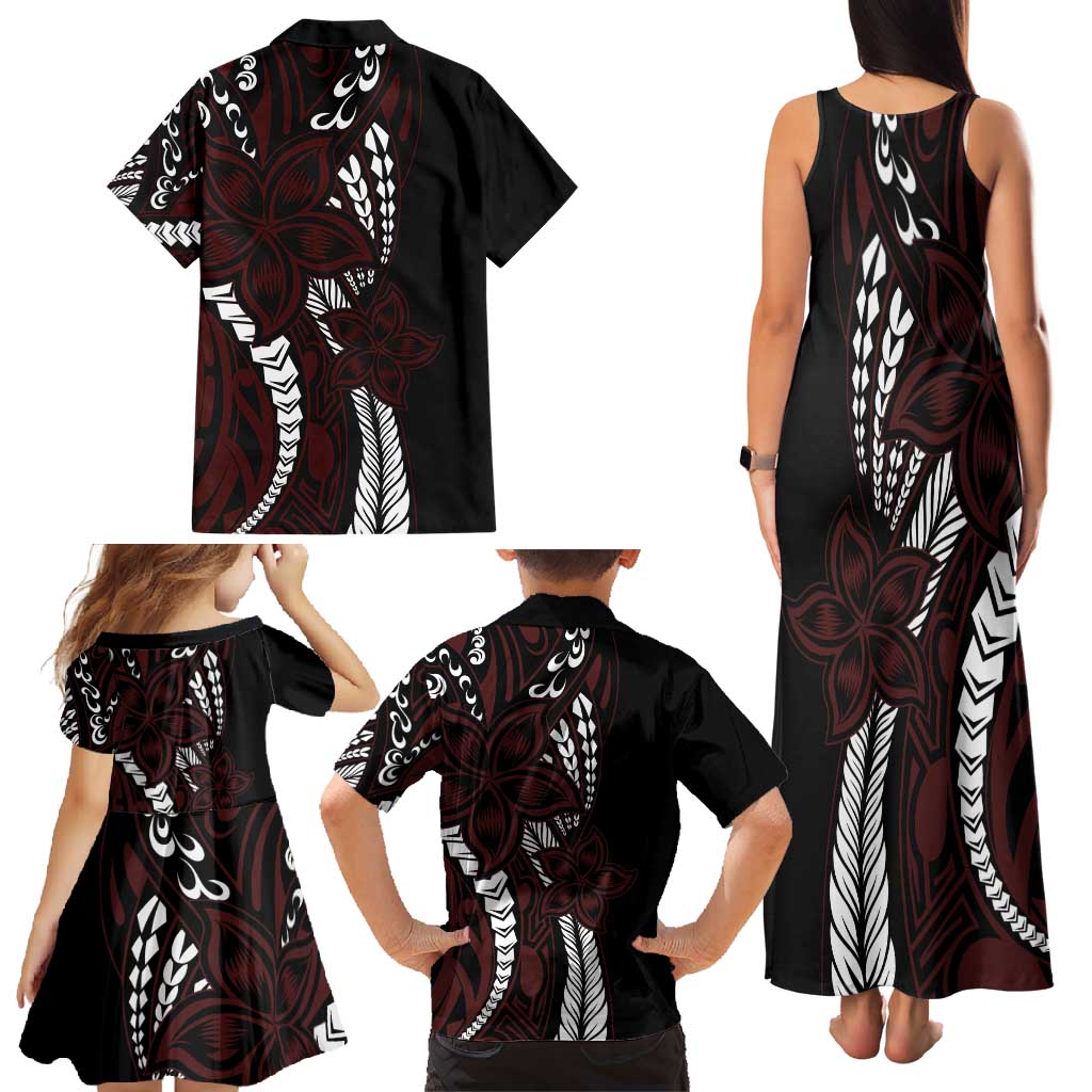 Polynesian Plumeria Floral Tattoo Pattern Family Matching Tank Maxi Dress and Hawaiian Shirt Oxblood Style