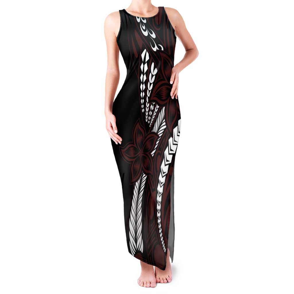 Polynesian Plumeria Floral Tattoo Pattern Family Matching Tank Maxi Dress and Hawaiian Shirt Oxblood Style