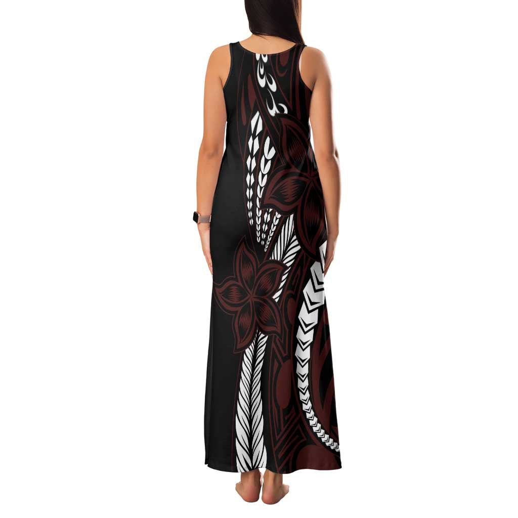 Polynesian Plumeria Floral Tattoo Pattern Family Matching Tank Maxi Dress and Hawaiian Shirt Oxblood Style