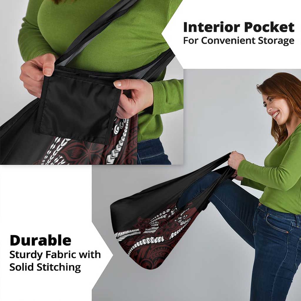 Polynesian Plumeria Floral Tattoo Pattern Grocery Bag Oxblood Style