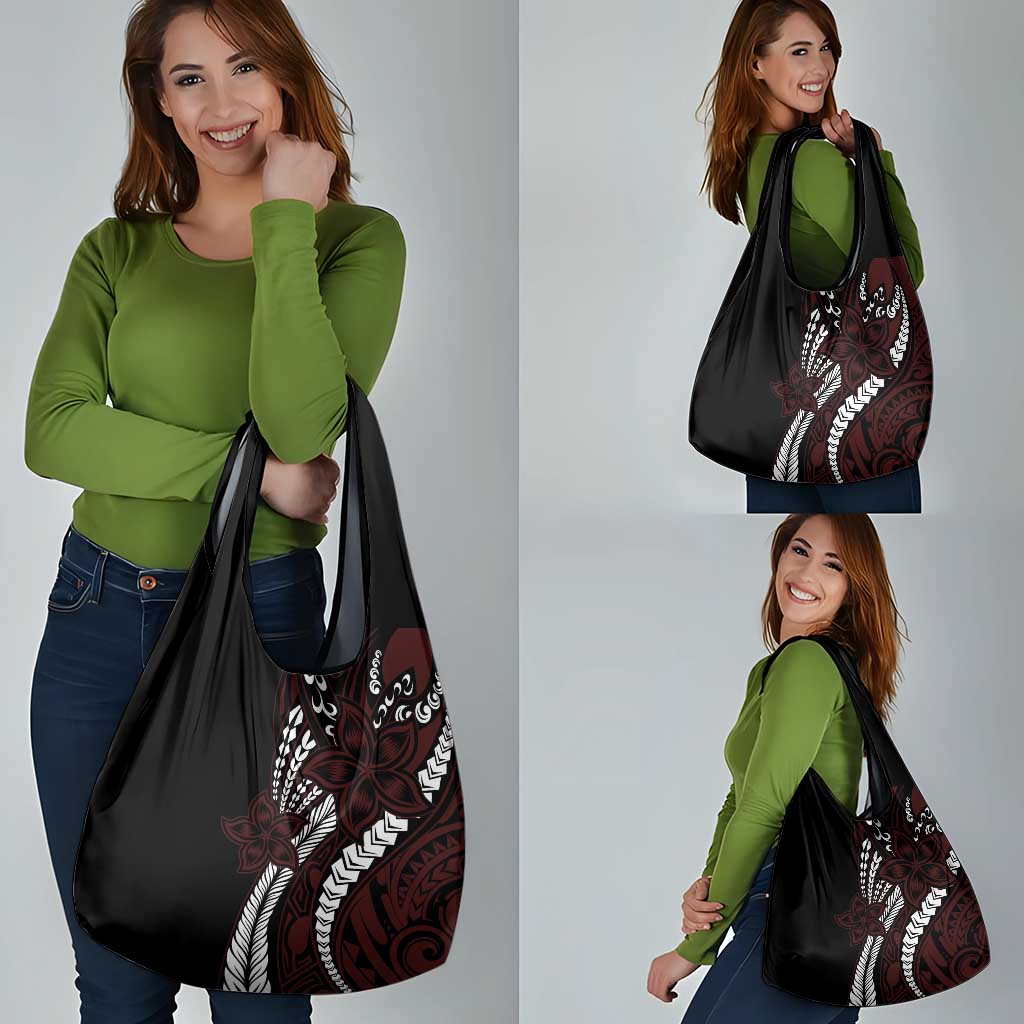 Polynesian Plumeria Floral Tattoo Pattern Grocery Bag Oxblood Style