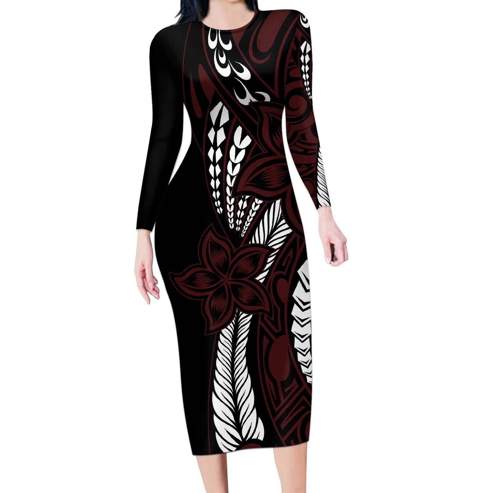 Polynesian Plumeria Floral Tattoo Pattern Long Sleeve Bodycon Dress Oxblood Style LT9 Long Dress Oxblood - Polynesian Pride