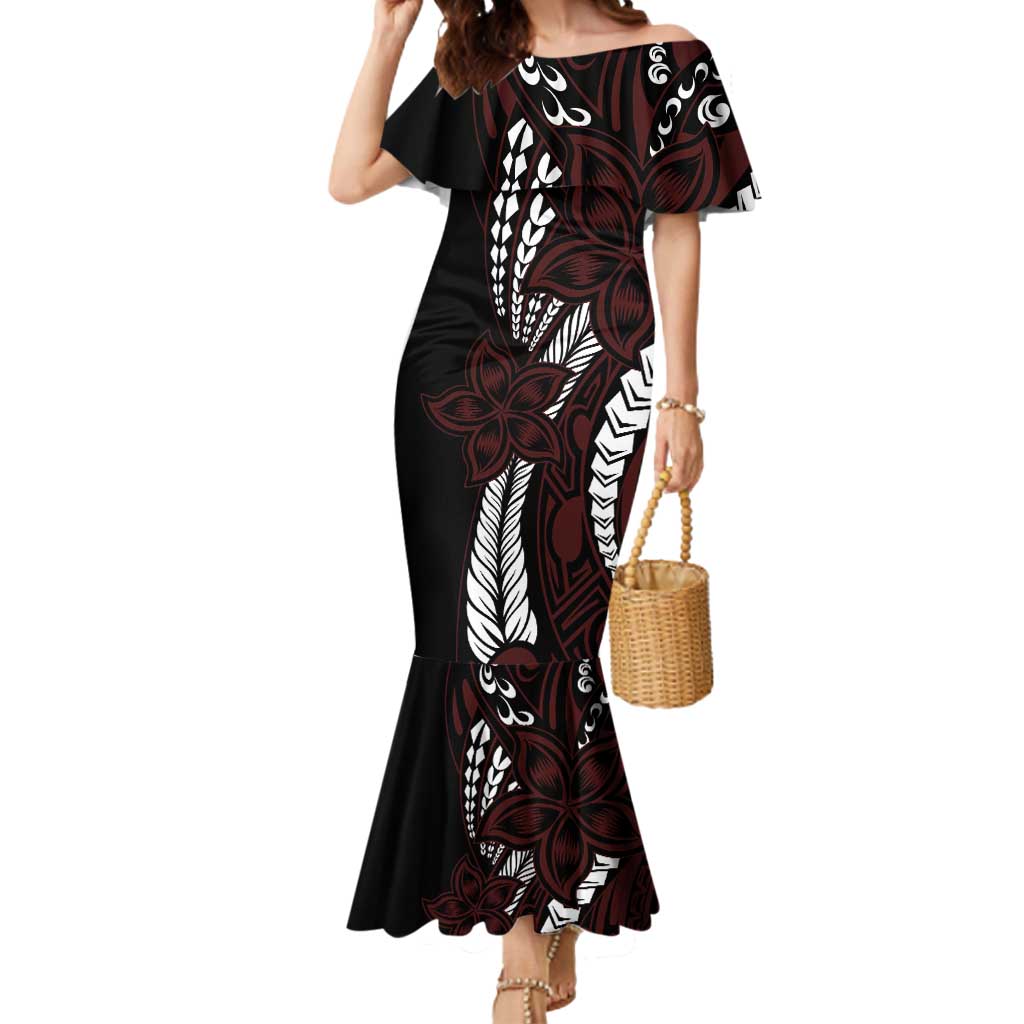 Polynesian Plumeria Floral Tattoo Pattern Mermaid Dress Oxblood Style LT9 Women Oxblood - Polynesian Pride