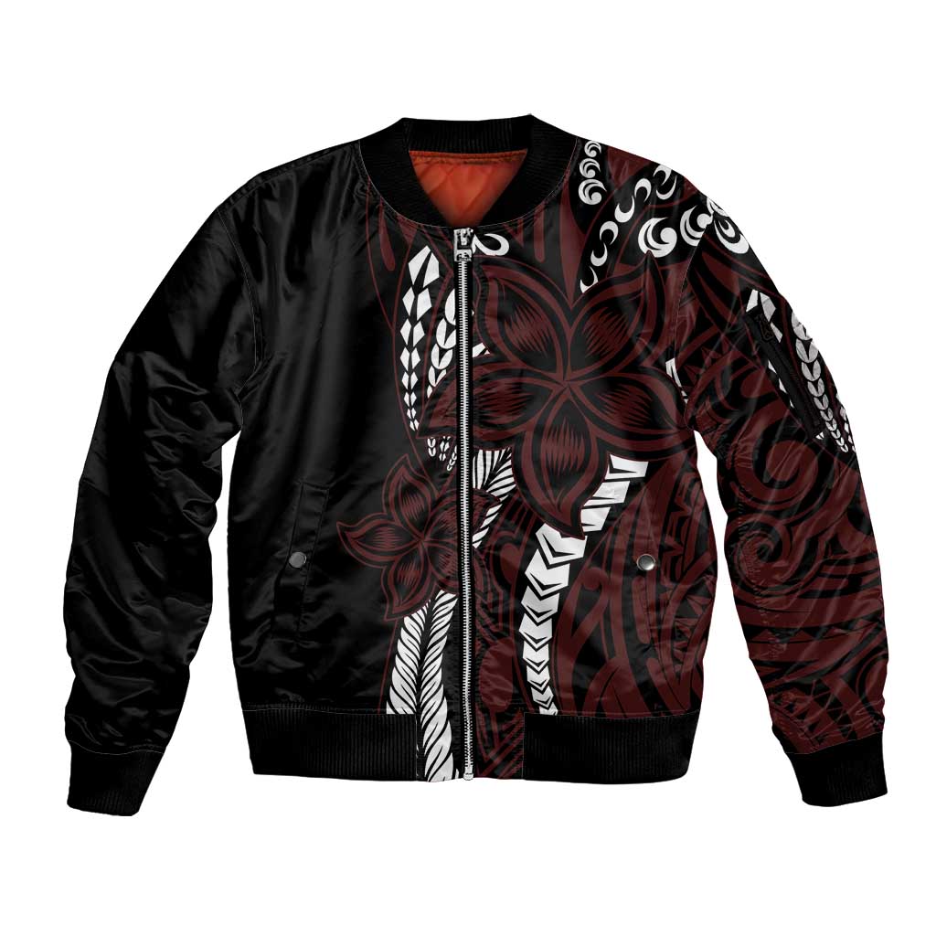 Polynesian Plumeria Floral Tattoo Pattern Sleeve Zip Bomber Jacket Oxblood Style LT9 Unisex Oxblood - Polynesian Pride