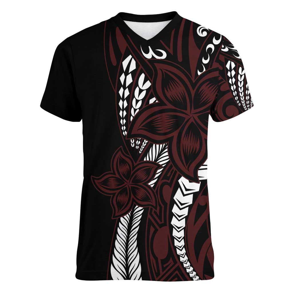 Polynesian Plumeria Floral Tattoo Pattern Women V-Neck T-Shirt Oxblood Style LT9 Female Oxblood - Polynesian Pride