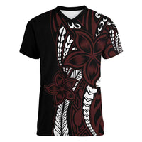 Polynesian Plumeria Floral Tattoo Pattern Women V-Neck T-Shirt Oxblood Style