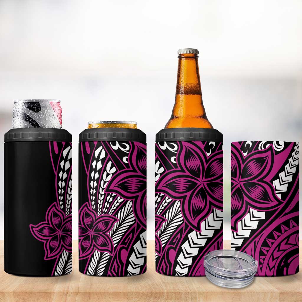 Polynesian Plumeria Floral Tattoo Pattern 4 in 1 Can Cooler Tumbler Pink Style