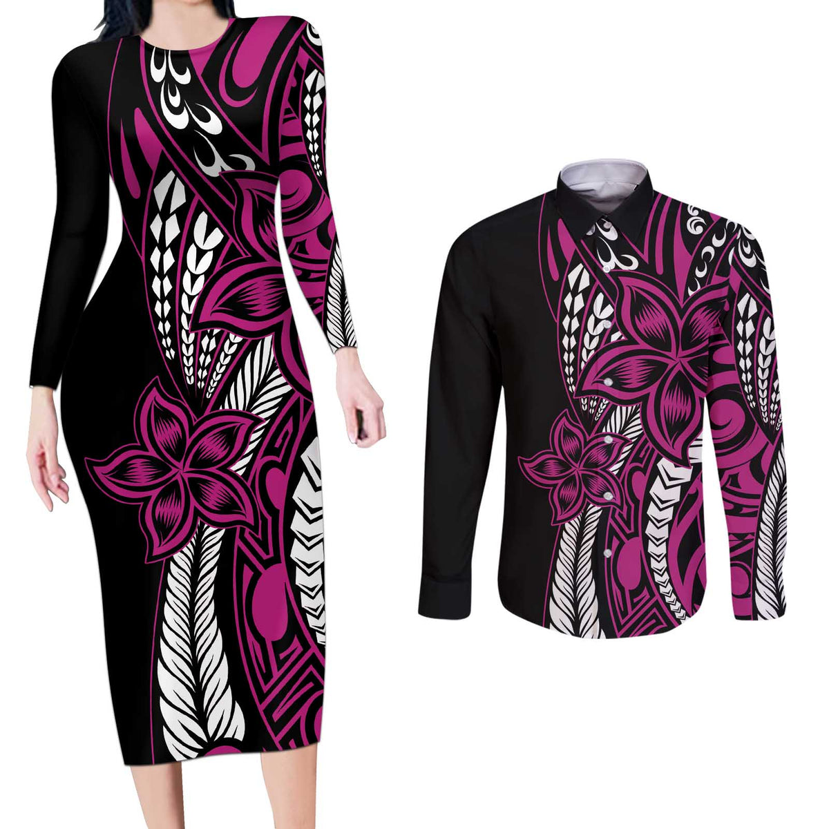 Polynesian Plumeria Floral Tattoo Pattern Couples Matching Long Sleeve Bodycon Dress and Long Sleeve Button Shirt Pink Style