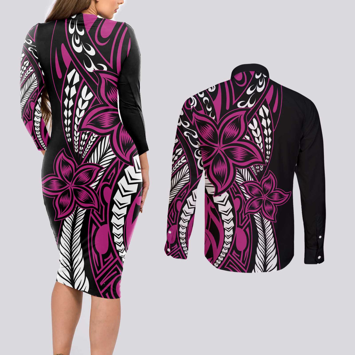 Polynesian Plumeria Floral Tattoo Pattern Couples Matching Long Sleeve Bodycon Dress and Long Sleeve Button Shirt Pink Style