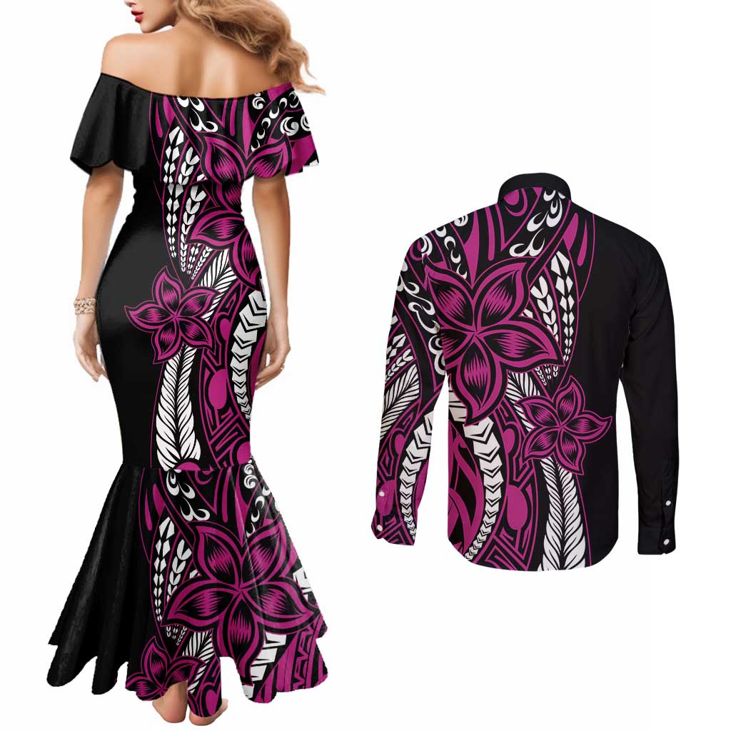 Polynesian Plumeria Floral Tattoo Pattern Couples Matching Mermaid Dress and Long Sleeve Button Shirt Pink Style