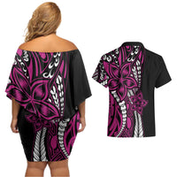 Polynesian Plumeria Floral Tattoo Pattern Couples Matching Off Shoulder Short Dress and Hawaiian Shirt Pink Style