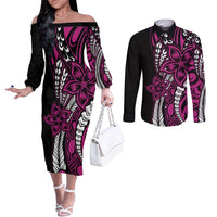 Polynesian Plumeria Floral Tattoo Pattern Couples Matching Off The Shoulder Long Sleeve Dress and Long Sleeve Button Shirt Pink Style