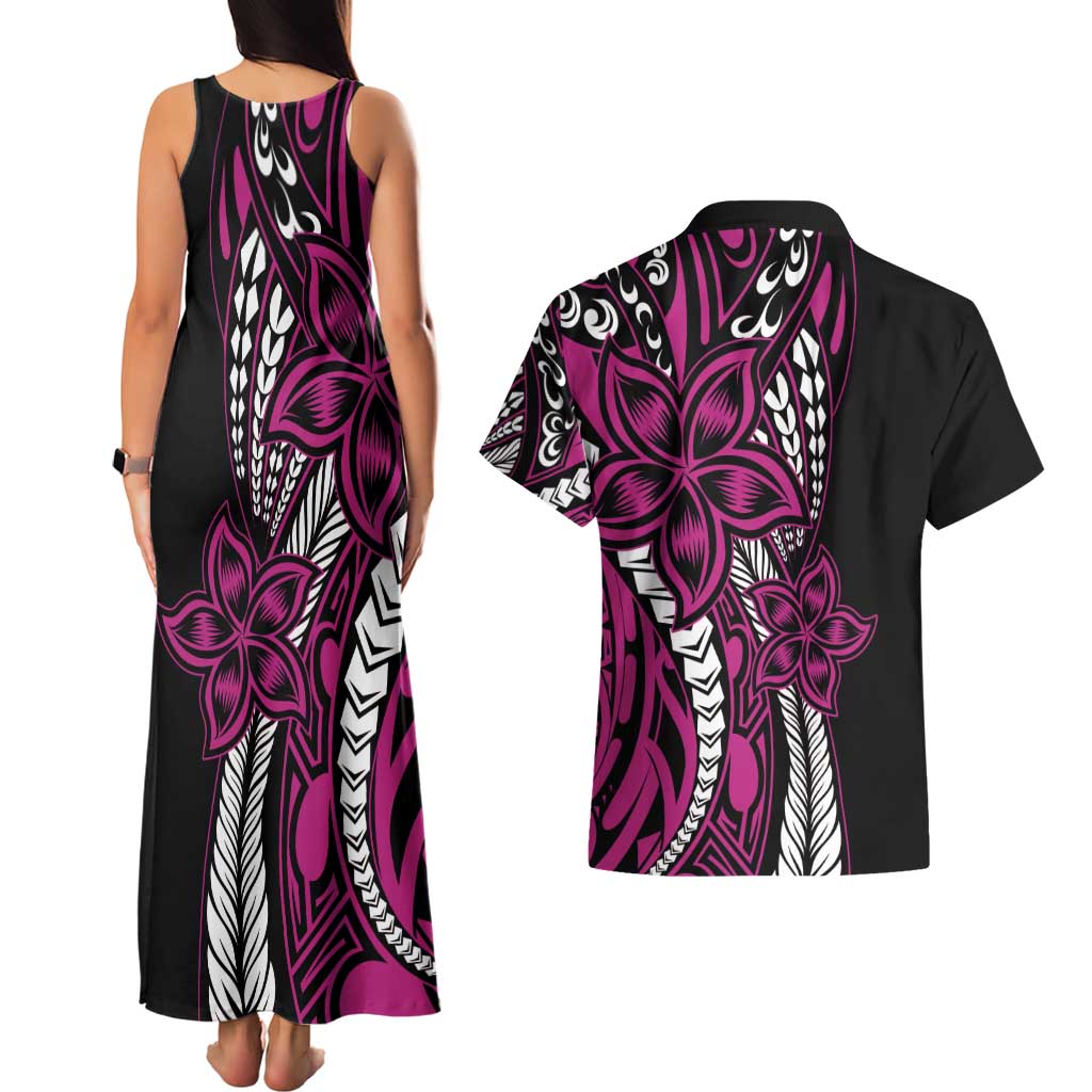 Polynesian Plumeria Floral Tattoo Pattern Couples Matching Tank Maxi Dress and Hawaiian Shirt Pink Style