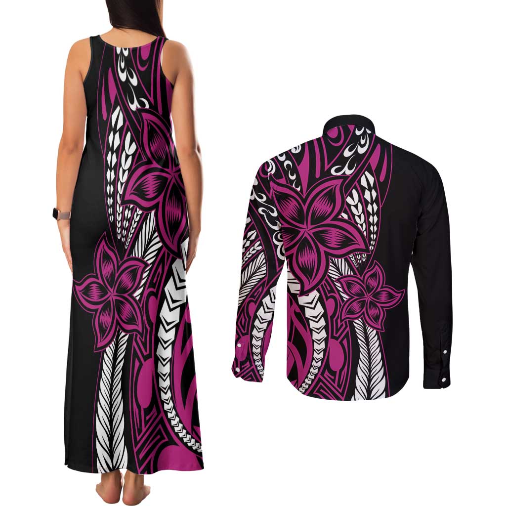 Polynesian Plumeria Floral Tattoo Pattern Couples Matching Tank Maxi Dress and Long Sleeve Button Shirt Pink Style