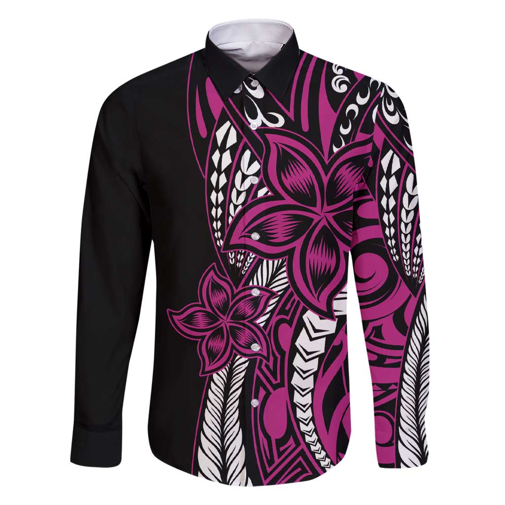 Polynesian Plumeria Floral Tattoo Pattern Family Matching Short Sleeve Bodycon Dress and Hawaiian Shirt Pink Style LT9 Dad's Shirt - Long Sleeve Pink - Polynesian Pride
