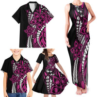 Polynesian Plumeria Floral Tattoo Pattern Family Matching Tank Maxi Dress and Hawaiian Shirt Pink Style