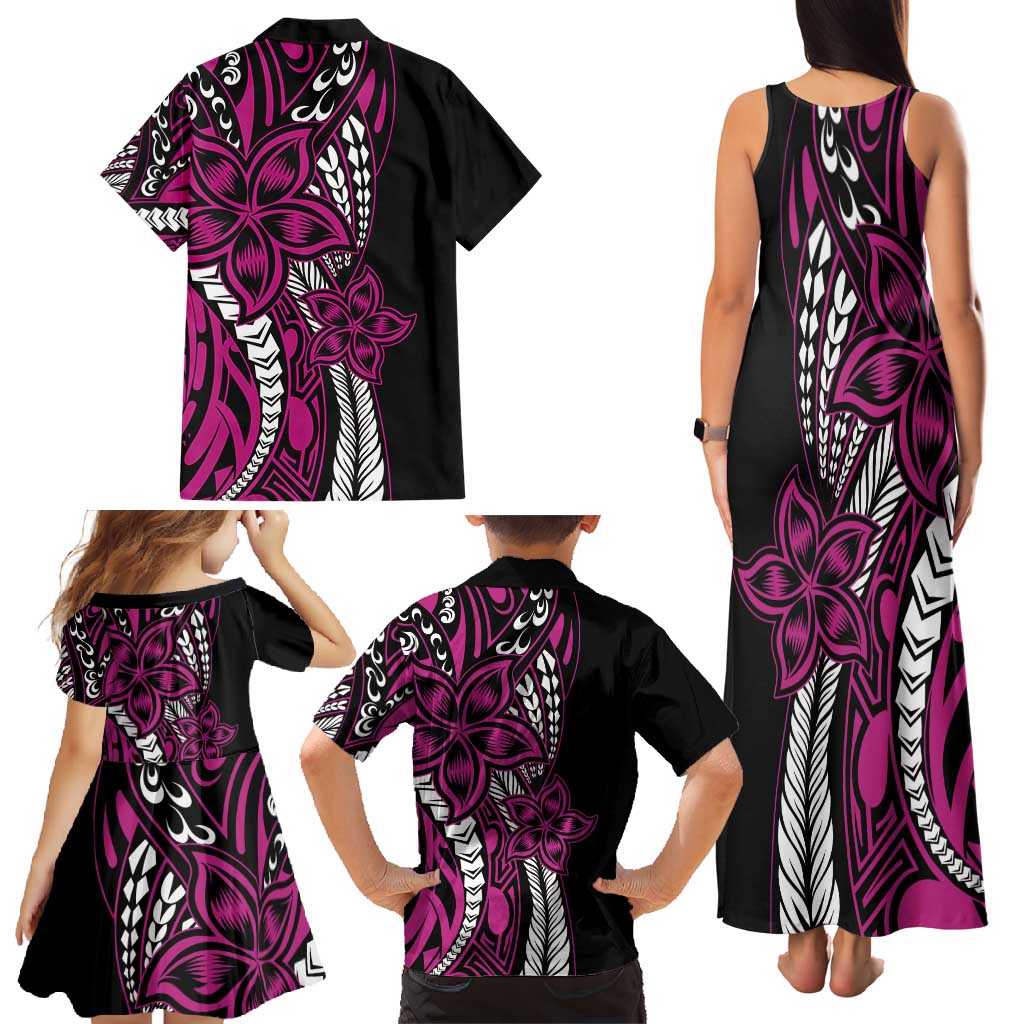 Polynesian Plumeria Floral Tattoo Pattern Family Matching Tank Maxi Dress and Hawaiian Shirt Pink Style