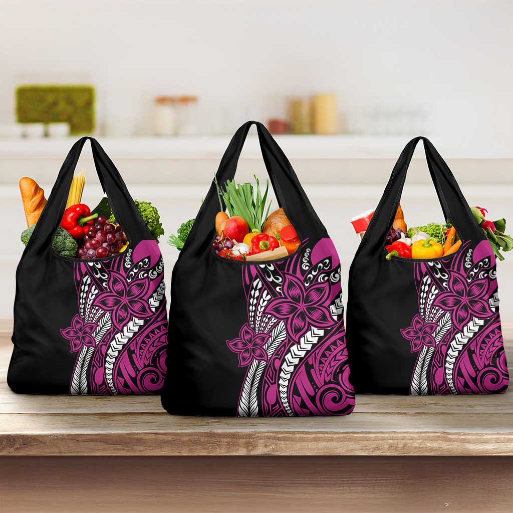 Polynesian Plumeria Floral Tattoo Pattern Grocery Bag Pink Style