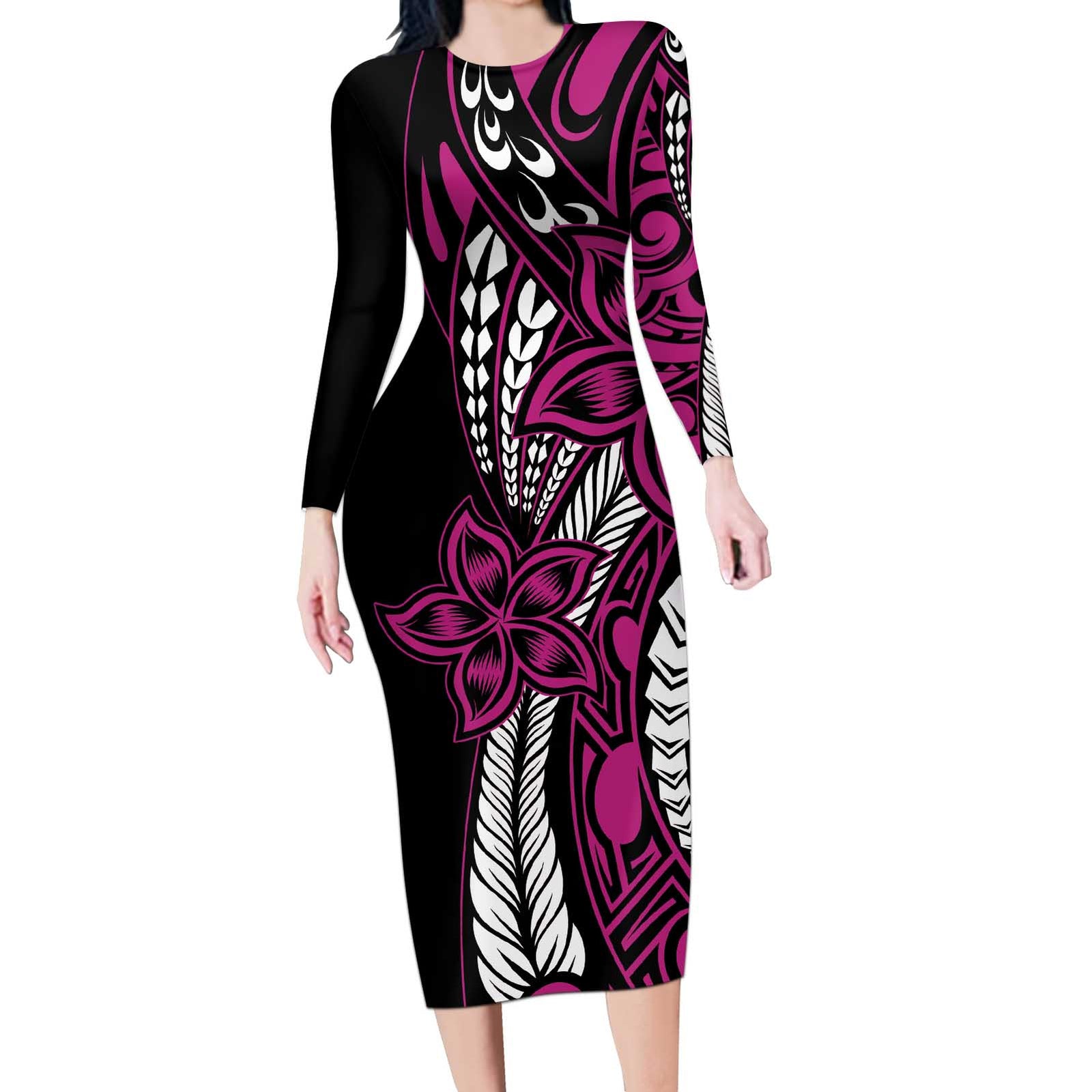 Polynesian Plumeria Floral Tattoo Pattern Long Sleeve Bodycon Dress Pink Style LT9 Long Dress Pink - Polynesian Pride