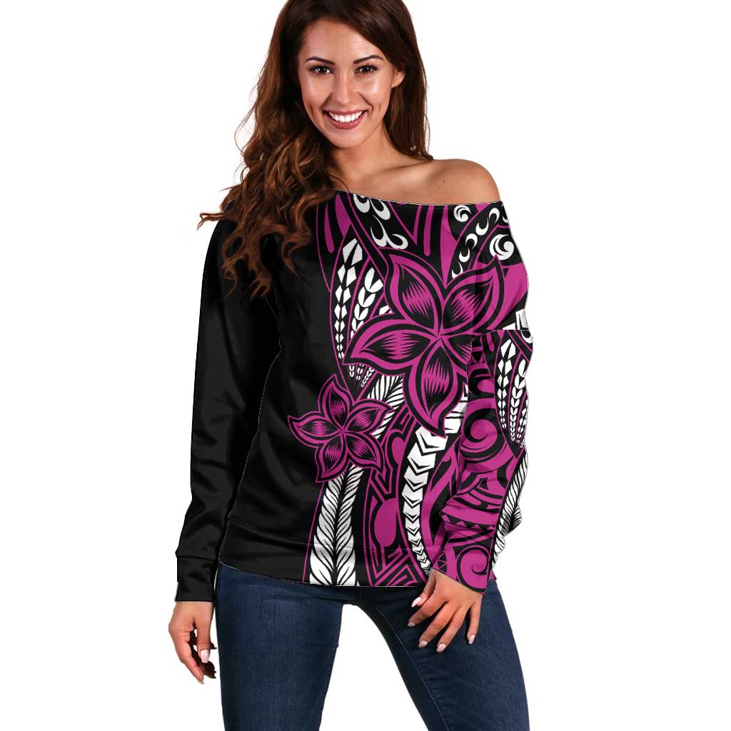 Polynesian Plumeria Floral Tattoo Pattern Off Shoulder Sweater Pink Style LT9 Women Pink - Polynesian Pride